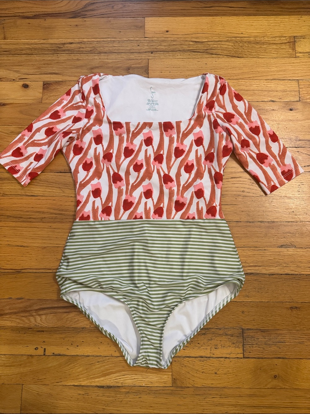 Seea Red Floral & Green Striped One-Piece Swimsuit